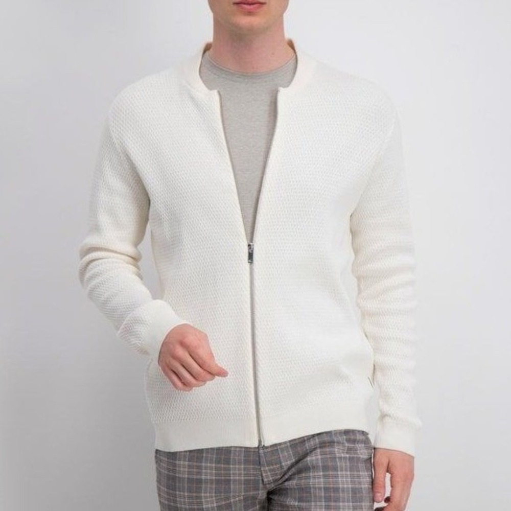 Lindbergh White Textured Knit Full Zip Baseball Bomber Sweater Cardigan Cream L - Picture 10 of 10